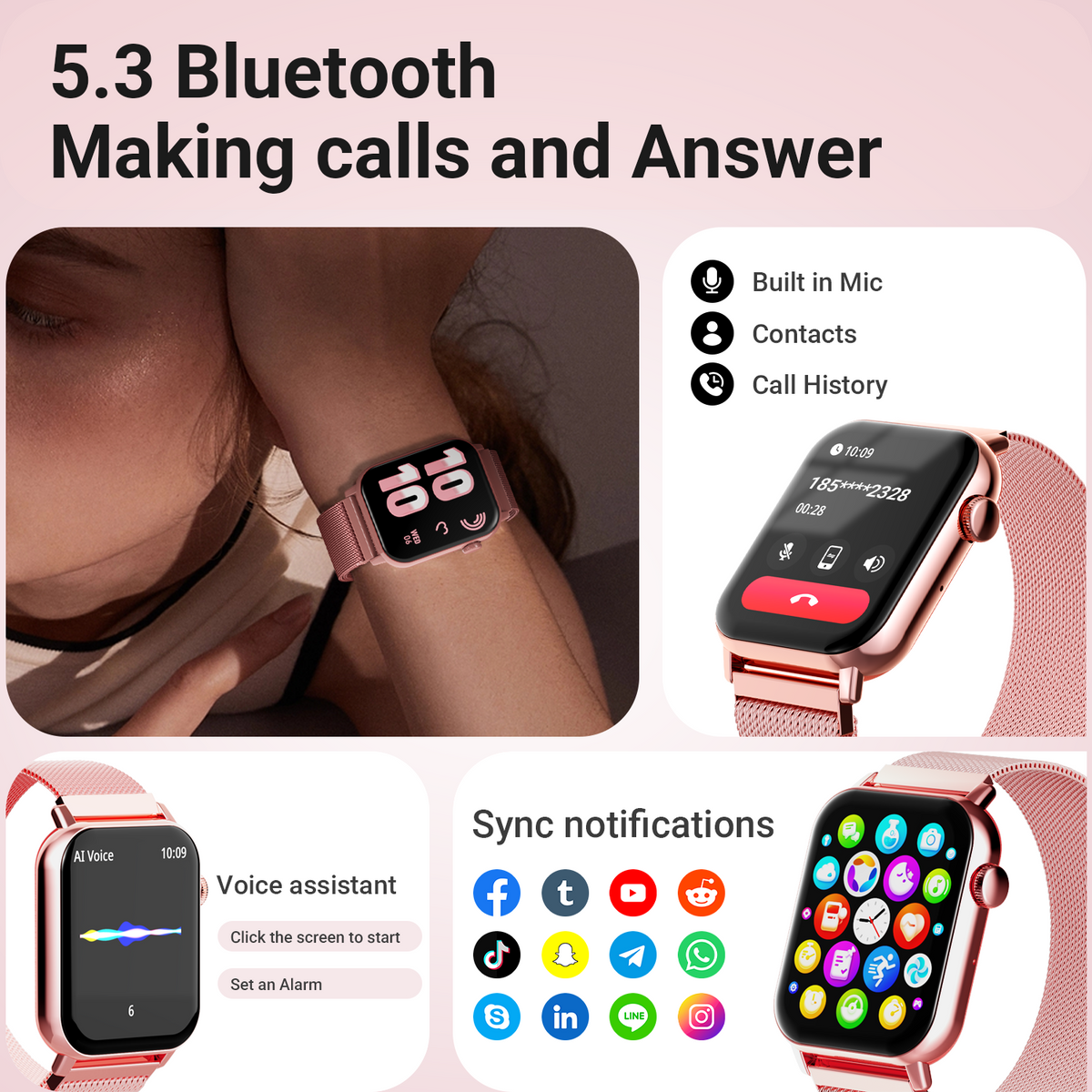 FPZMIU 1.83'' HD Fitness Smart Watch 3 Bands for Men Women,IP68 Waterproof Fitness Wrist Watch Compatible with Iphone Android