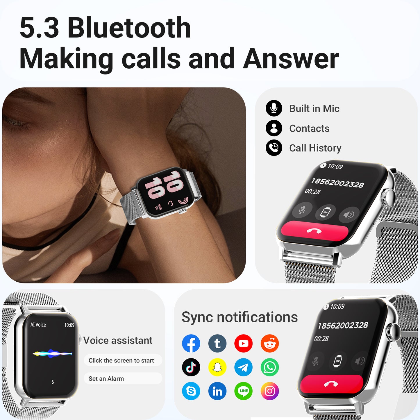 FPZMIU 1.83'' HD Fitness Smart Watch 3 Bands for Men Women, Bluetooth Dial /Answer Calls, 10 Days Standby Time, IP68 Waterproof Fitness Wrist Watch Compatible with iPhone Android