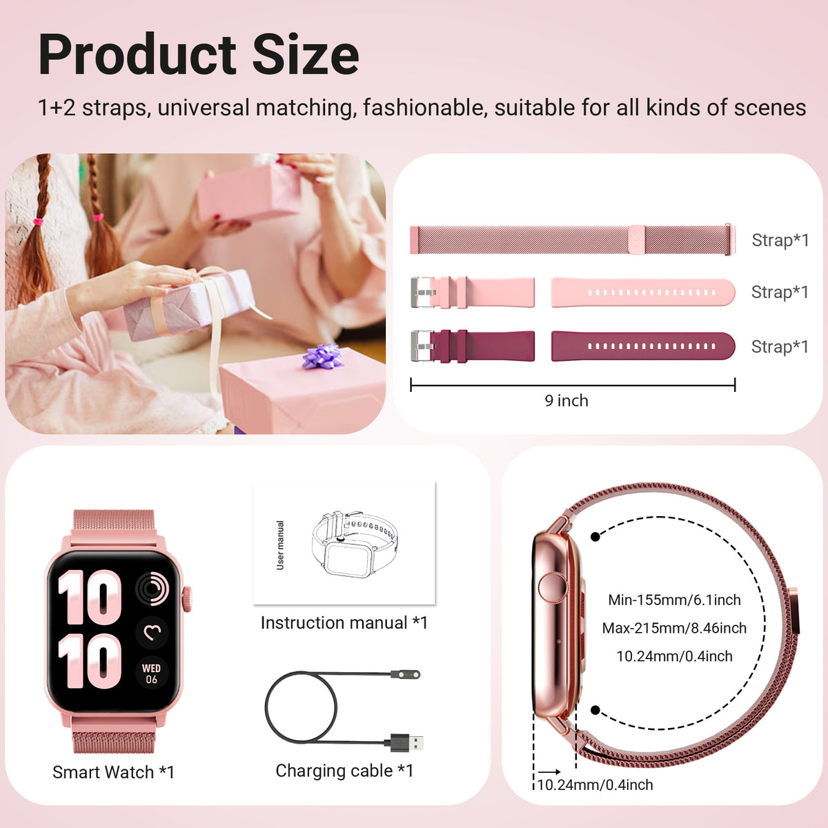 FPZMIU 1.83'' HD Fitness Smart Watch 3 Bands for Men Women,IP68 Waterproof Fitness Wrist Watch Compatible with Iphone Android