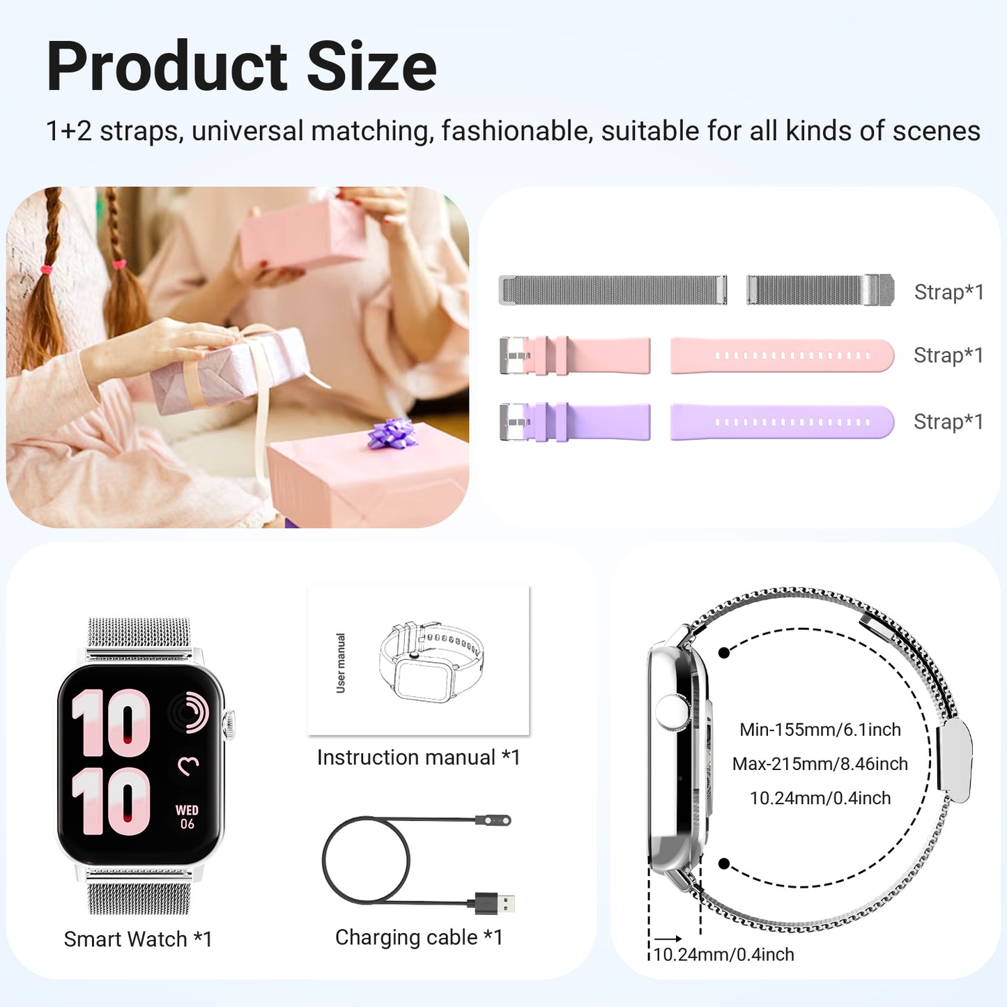 FPZMIU 1.83'' HD Fitness Smart Watch 3 Bands for Men Women, Bluetooth Dial /Answer Calls, 10 Days Standby Time, IP68 Waterproof Fitness Wrist Watch Compatible with iPhone Android
